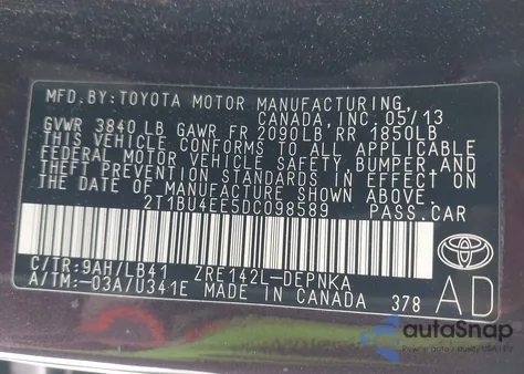 2013 Toyota Corolla Le Special Edition z USA, uszkodzony, nr VIN 2T1BU4EE5DC098589